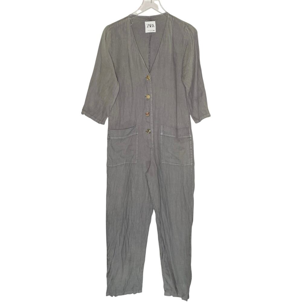 Zara Grey Boiler Jumpsuit S 100% Linen Patch Pocket V Neck Button Front
